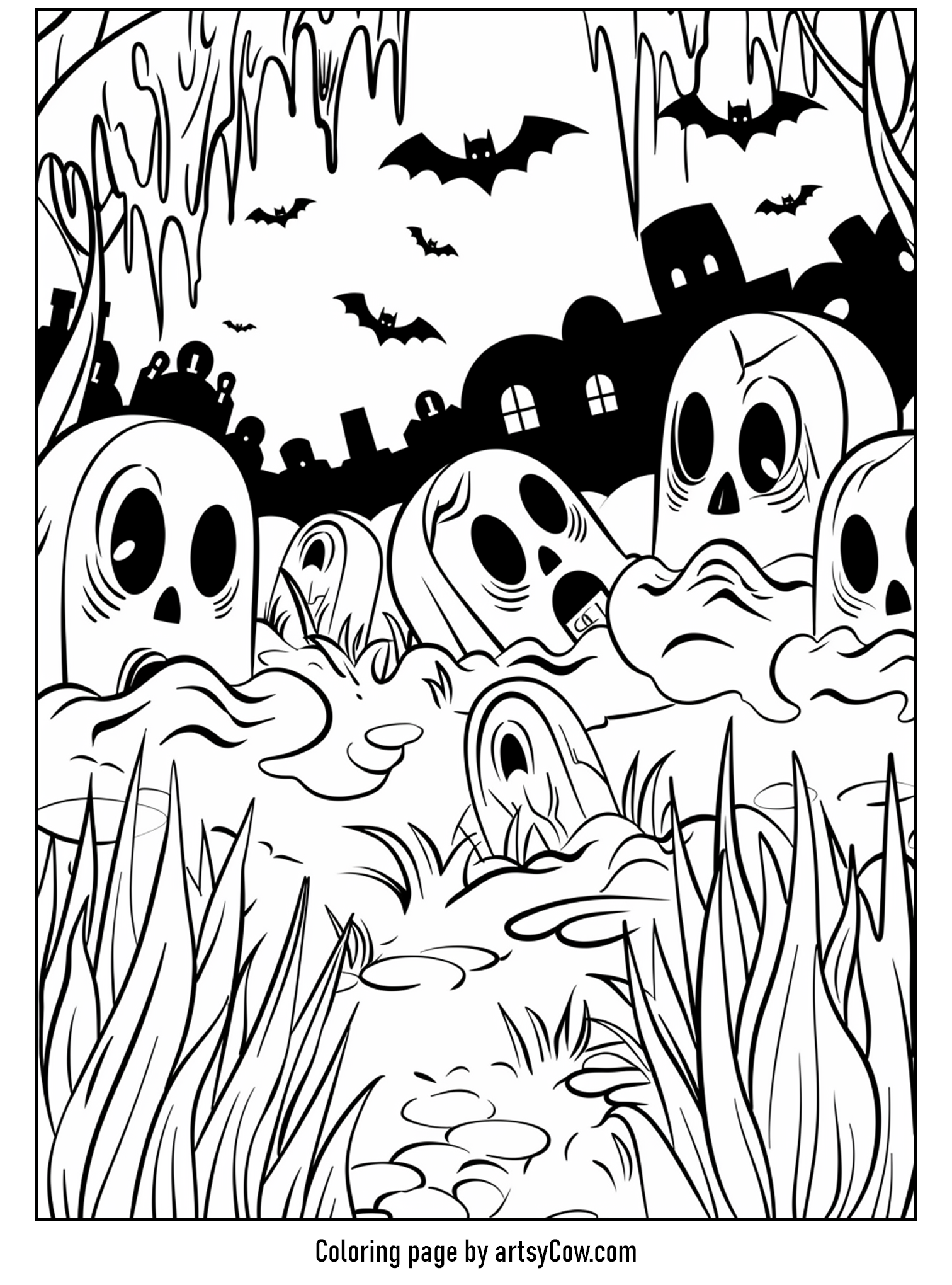 an eerie foggy graveyard with playful skulls and bats